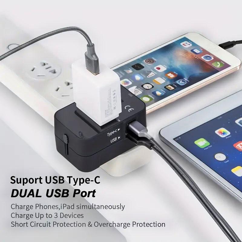 Universal Travel Adapter, One USB Port 5v2.1a+ One Type-C Port 5v2.4a+ One AC Adapter, 650w/110v, 1300w/220v, Supports over 150 Countries, Good for Travel, Home And Office