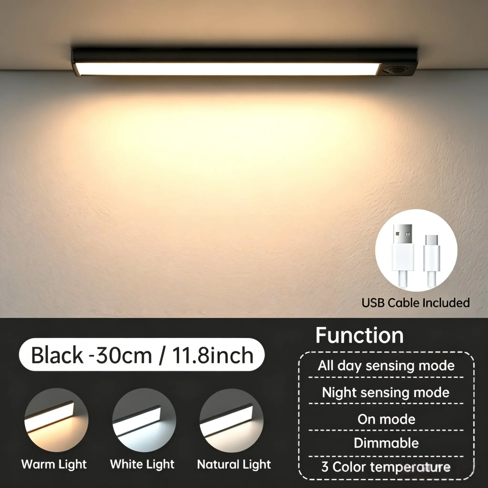 Three-Color Smart Sensor Cabinet Light, Wireless Under-Cabinet Lamp, 3 Bright Modes, Ideal for Kitchen, Hallway, Stairs, Entryway