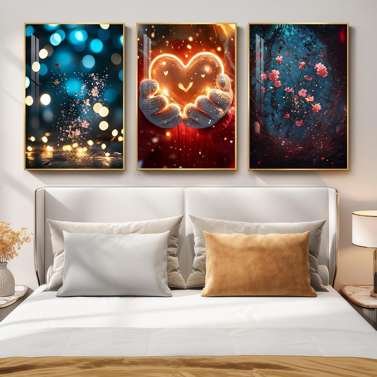 3 Counts Aluminum Alloy Framed Painting, Glowing Heart And Blooming Flowers Pictures, Home Decoration For Living Room, Bedroom, Office, Restaurant, Hallway Wall Decor, Odorless Print Artwork, Luxury Perfect Gift For Friends And Family