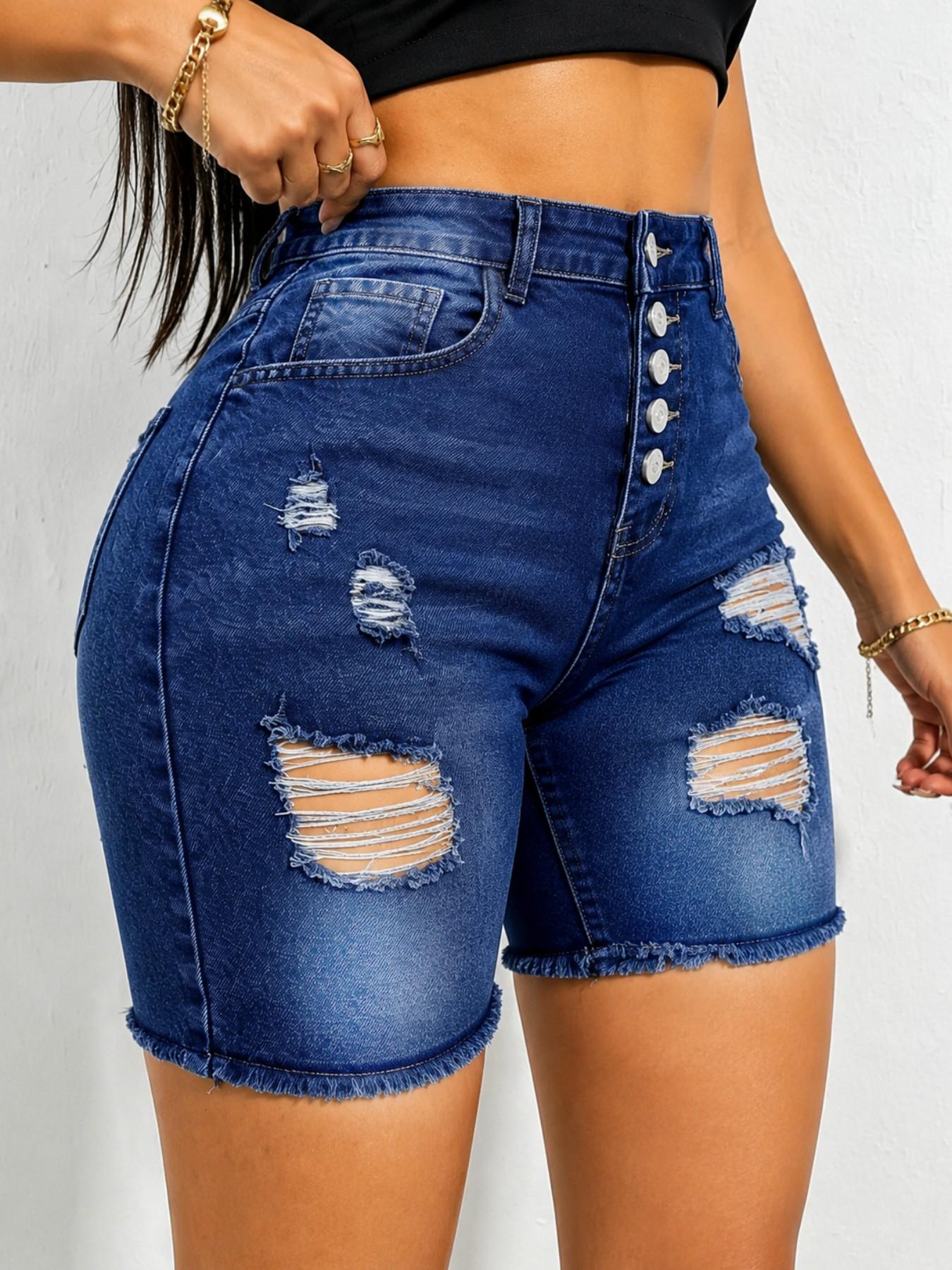 Summer Fashion Women's Chic Button Front Ripped Blue Denim Jeans Shorts, High Elastic Comfort, Fitted Not Tight, Durable Street Style Mid-Waist Five-Pocket Pants