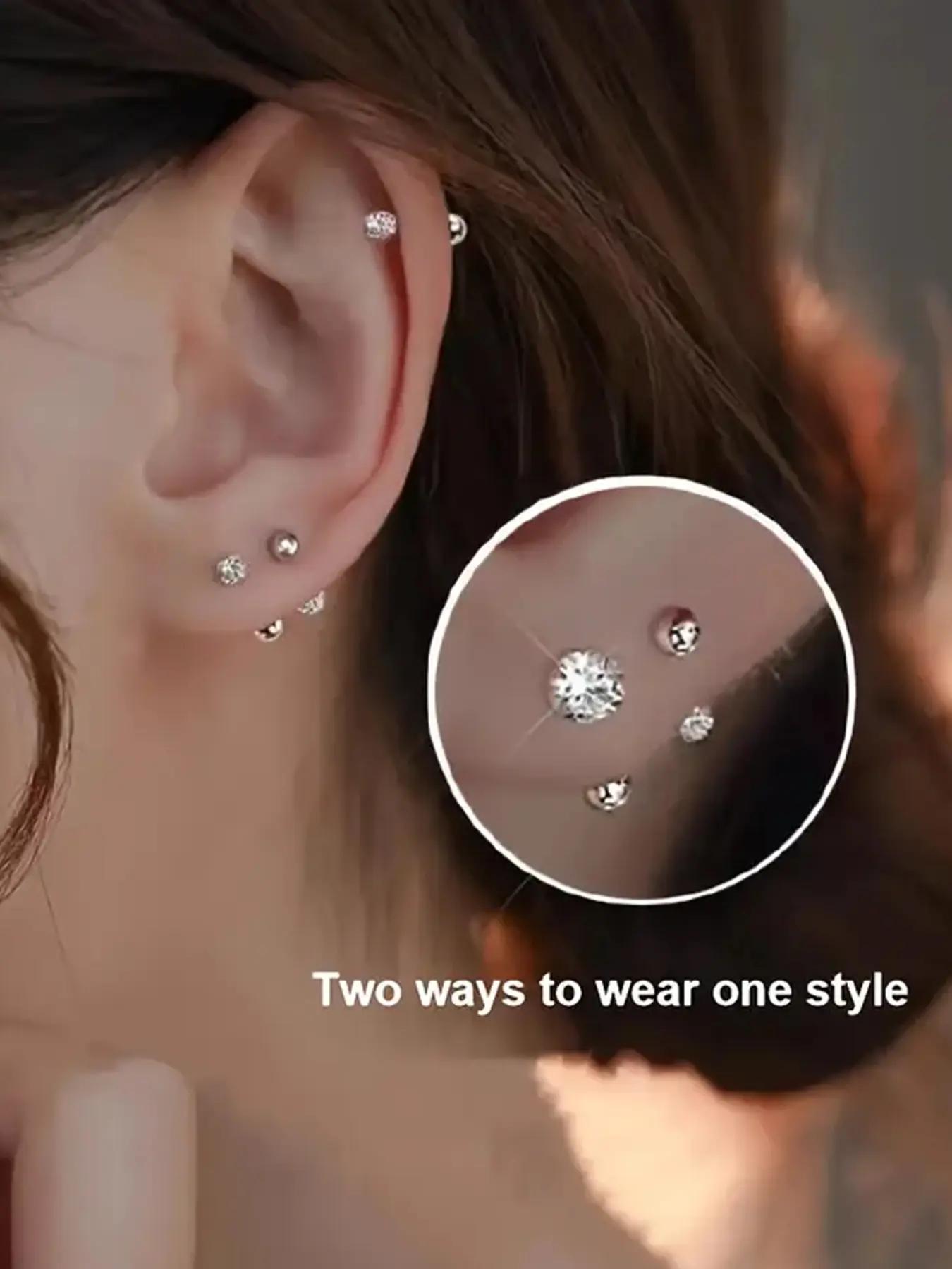 Stainless Steel Cartilage Earrings Set with Sparkling Zirconia, Minimalist Jewelry for All Seasons, Casual Style Ear Accessories