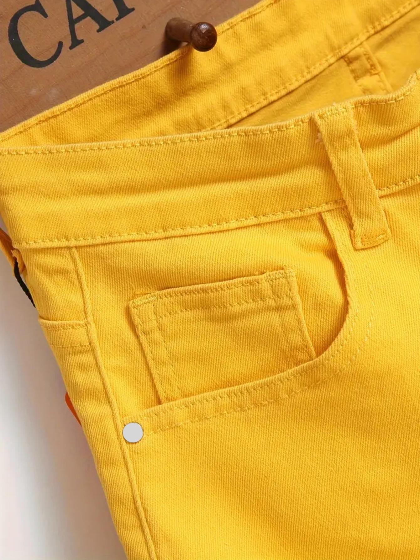 Men's Cotton Yellow Distressed Ripped Denim Shorts, Y2K Streetwear Bright Color Jean Shorts, Casual Summer Knee-Length Bottoms, High Street Fashion