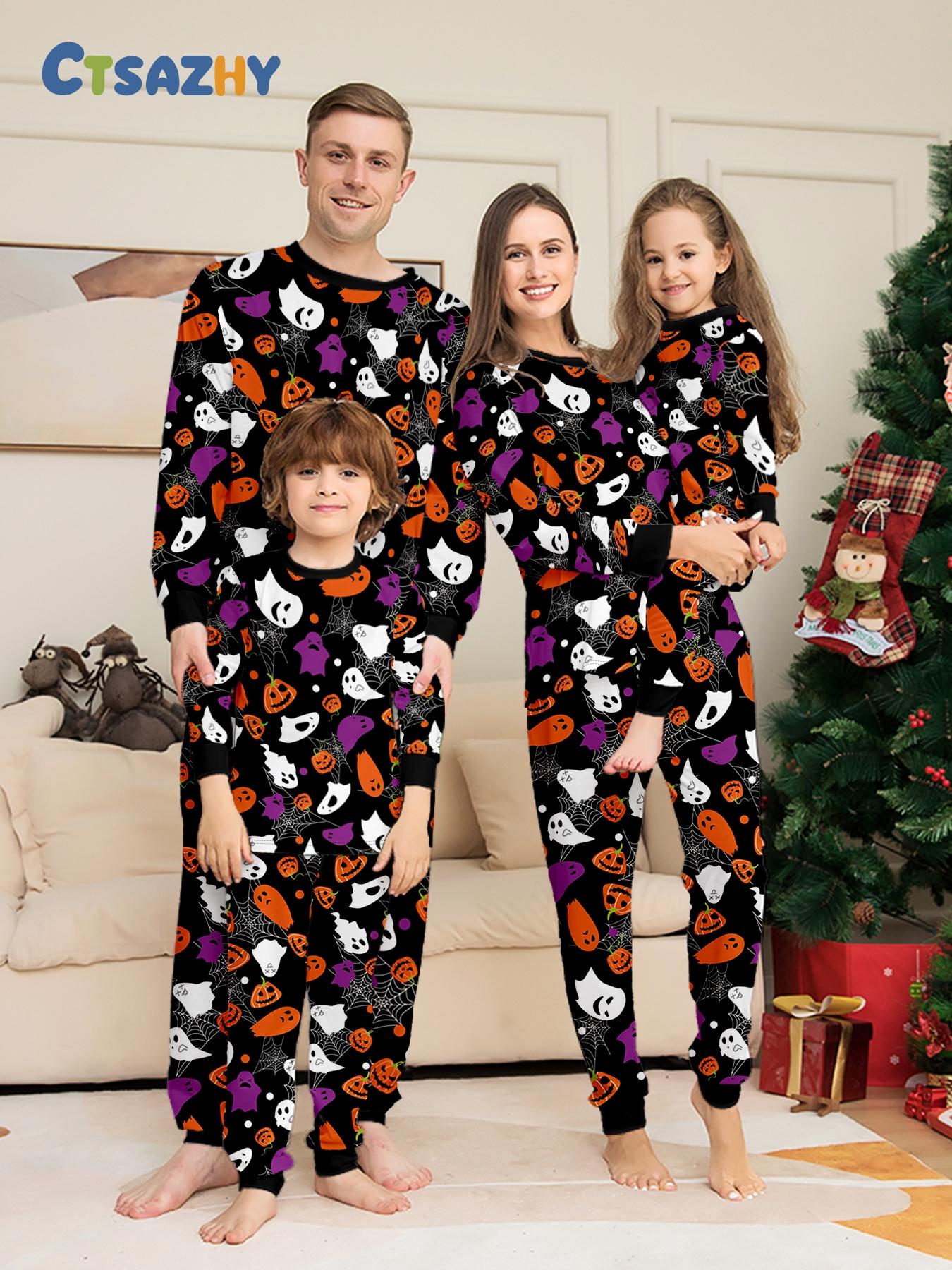 Halloween Pumpkin Ghost Family Pajamas, Fun Print, Party Home Photos, All Sizes Available, Slim-Fitting Casual Pajama Set