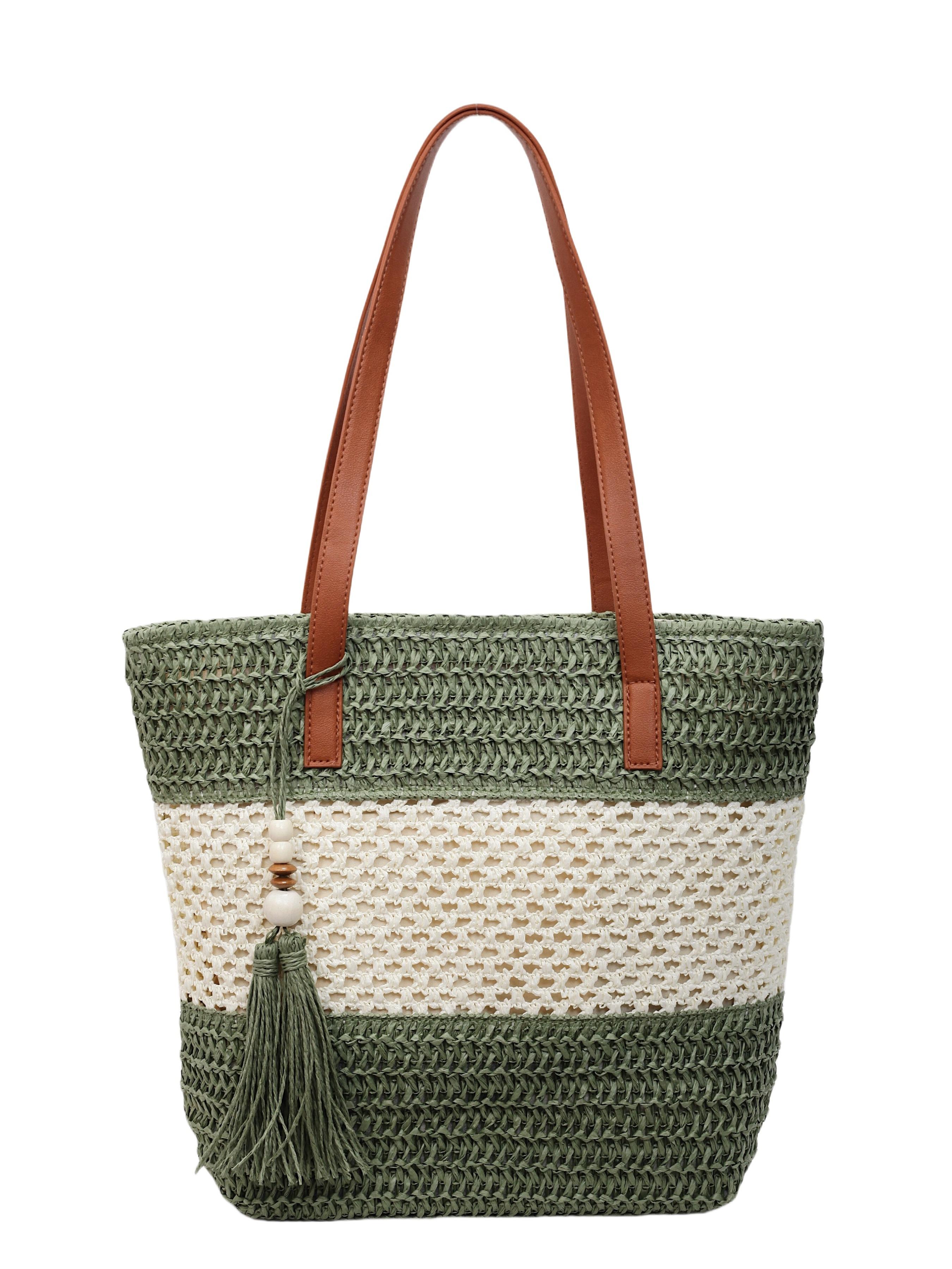 2026 Summer Bohemian Tote Bag, Handwoven Raffia, Leather Strap, Pearl Fringe, Large Capacity, Perfect for Daily Use, Fashionable & Comfortable