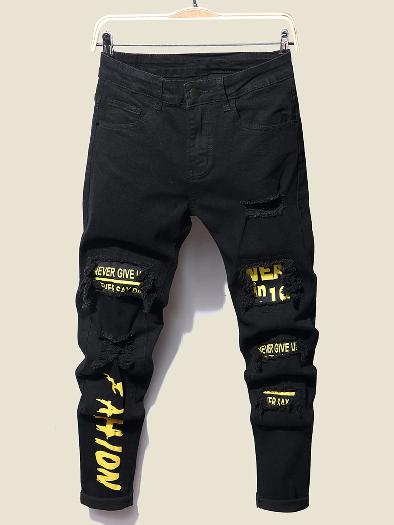 Men's Letter Print Ripped Tight Jeans, Patchwork Distressed Slim Fit Skinny Pants, Washed Process, American Street Fashion Long Trousers, Casual Denim Clothing