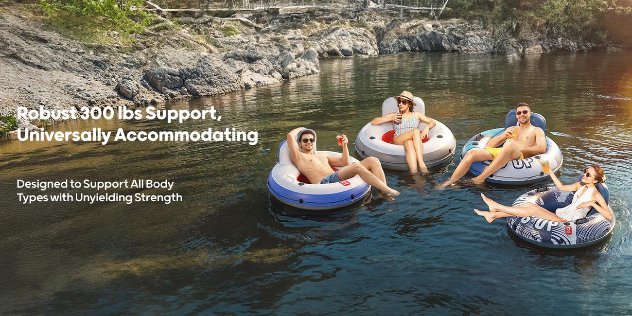 QPAU Inflatable River Tube, 0.4 mm Thickened Puncture-Resistant Heavy Duty River Float, River Raft with Ergonomic Backrest, Mesh Bottom & 2 Cup Holders for Family Friends Lake Float Lounge Adults pool accessories Multifunction