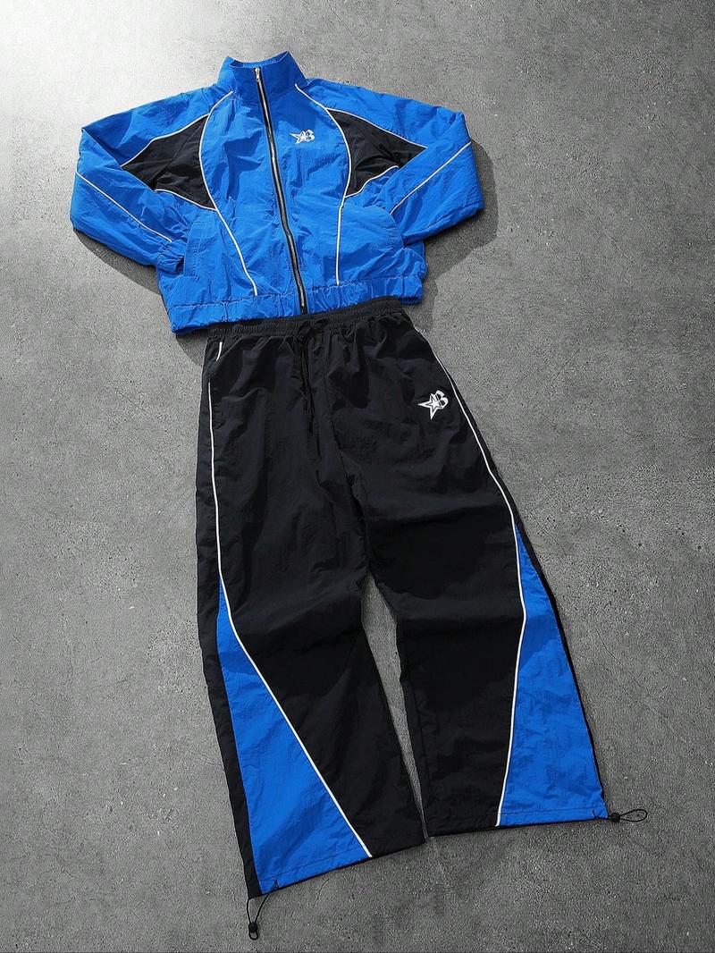 This men's two-piece Athletic Tracksuit Set includes a turtleneck jacket and sweatpants, featuring a striking blue and black color-block design with a unique sheen. Suitable for outdoor activities and casual wear, it also makes a great holiday gift.