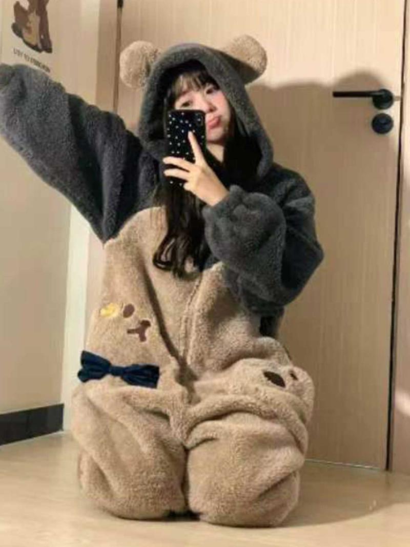 1pcs Women's Cute Cartoon Bear Hoodie Dress, Unicorn Design Winter Role Play Onesie, Christmas Party Casual and Pajamas