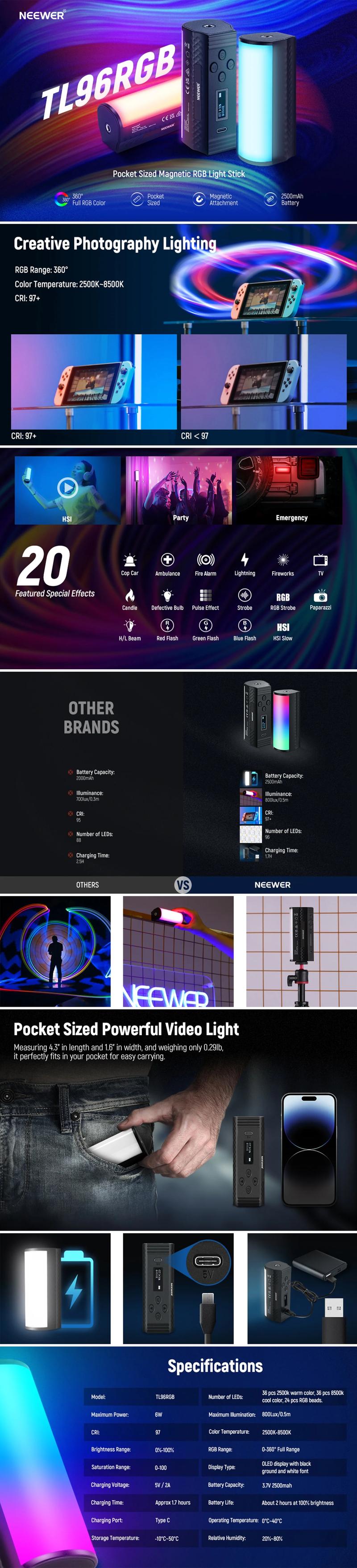 NEEWER BASICS TL96RGB Magnetic Handheld Light Wand, Pocket-Sized RGB LED Stick with 6W Bi-Color and FX Effects, Portable Indoor and Outdoor Party Lighting for Vlog Photography and Video Streaming