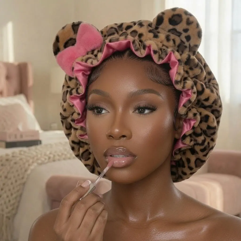 Luxury Teddy Fleece Heatless Hair Bonnet Hood, Leopard Print Pink Girly Sleep Hair Wrap, Soft Cozy Hair Care Styling Cap, Adjustable Elastic Band, Ideal Women's Gift for Birthday Christmas