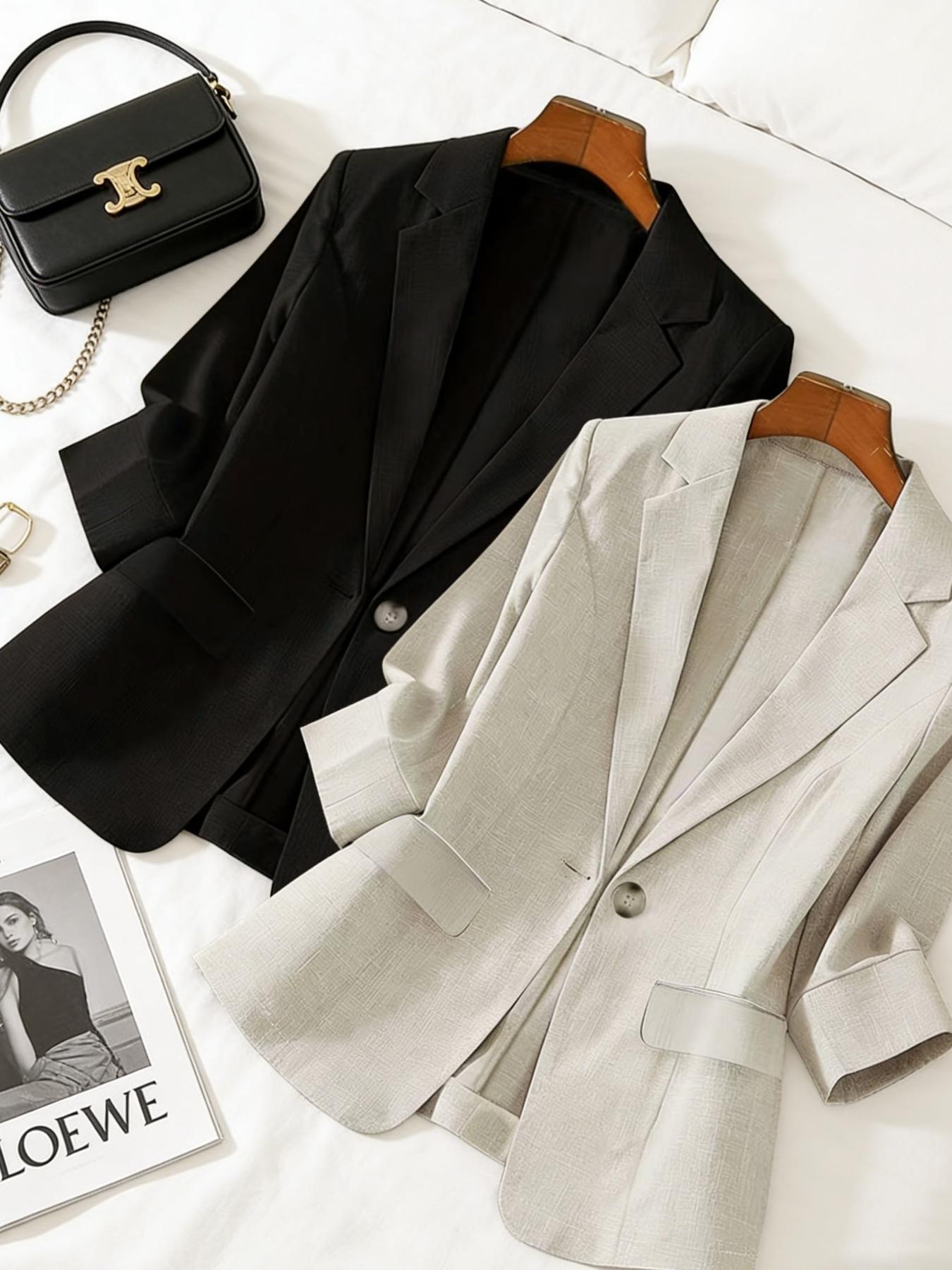 Women's two-piece plain color single-breasted double-pocket half-sleeve five-point suit jacket, suitable for spring and summer suitable for commuting outfit.