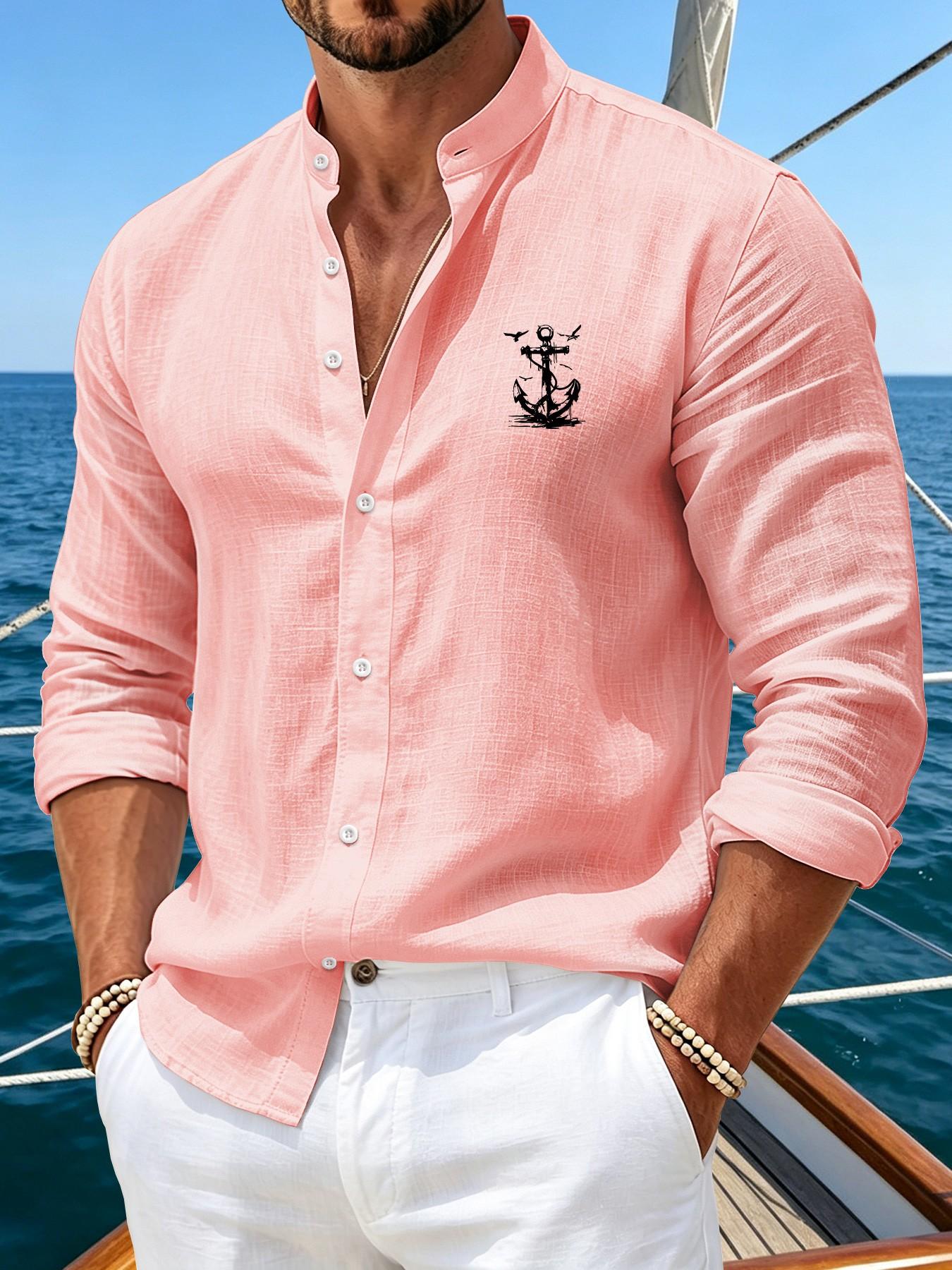 Men's Fashion Business Casual Long Sleeve Shirt with Anchor Print and Faux Linen Look, Slim Fit for Autumn and Spring Office Wear, Versatile Daily Attire