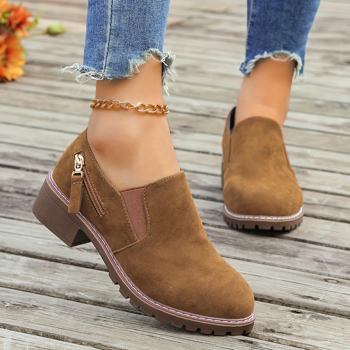Comfortable Low Heel Ankle Boots for Women, Elastic Side Slip-On Casual Shoes