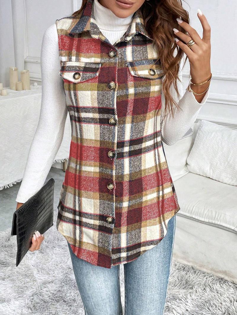 Women's Plaid Collar Vest Jacket, Casual Fashion Design, Perfect for Daily Wear, Stylish and Comfortable, Ideal for Everyday Use, Casual Comfy Vests