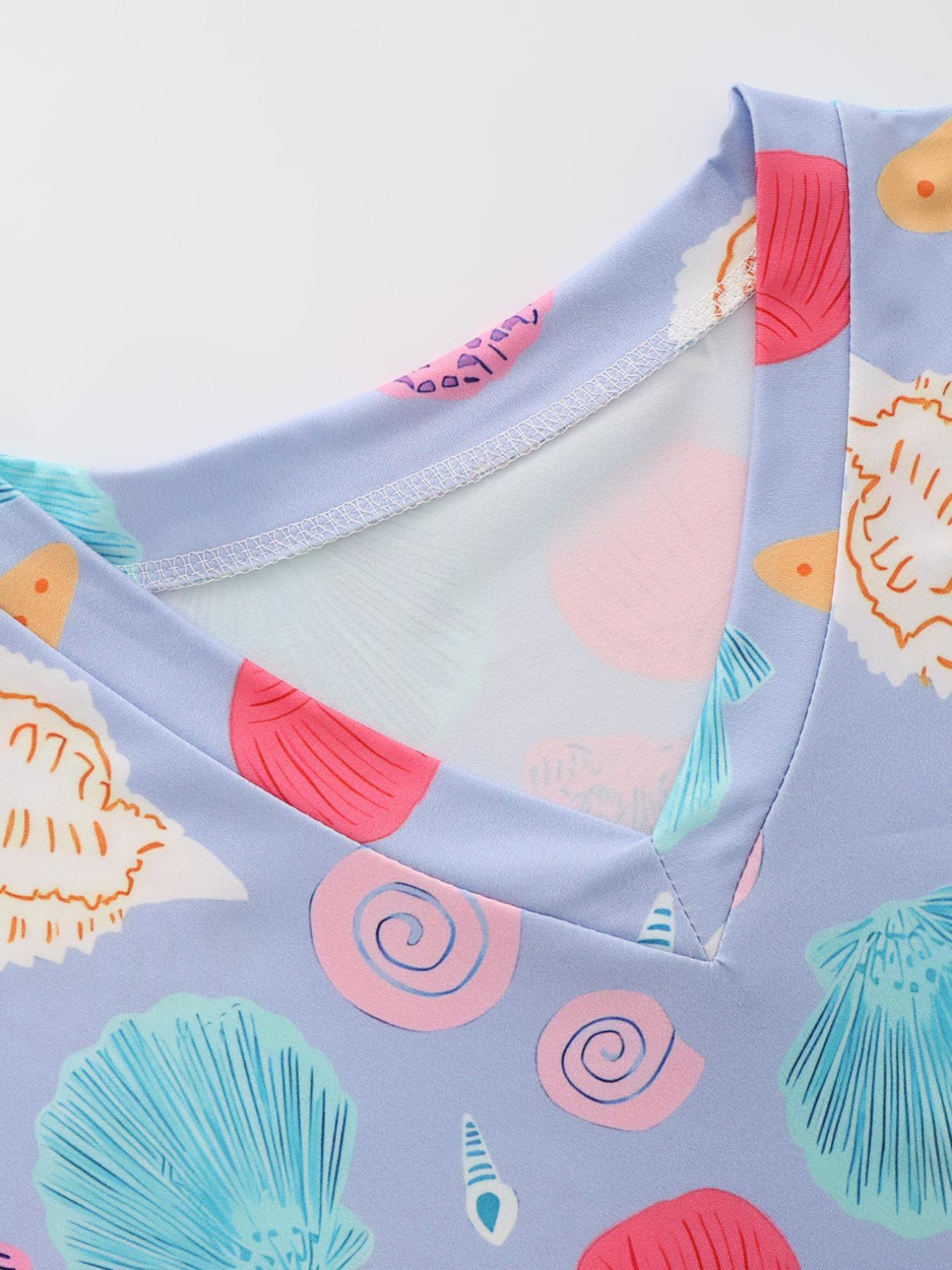 Women's Nursing Uniform Set Short Sleeve Nurse Top Pants Health Workwear Comfortable Fit Cute Cartoon Shell Digital Print Uniform Advantage Scrubs