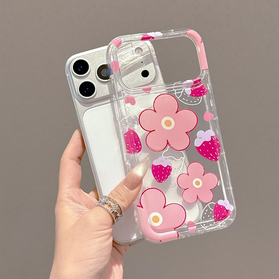 Fashion Strawberry Floral Design Transparent Air Cushion Anti-Drop Protective Phone Case, Compatible with iPhone 17/16/15/14/13 Series