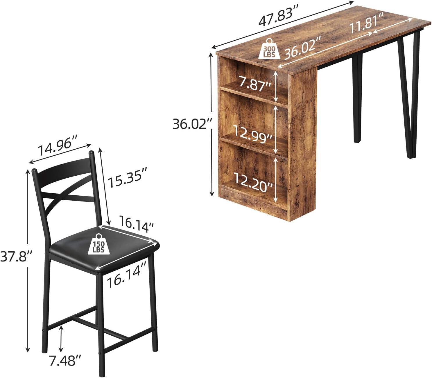 3-Piece Dining Table Set, Counter Height Kitchen Table Set for 2 with 3 Storage Shelves, Expandable Bar Table with 2 Cushioned Chairs for Small Spaces, Apartment