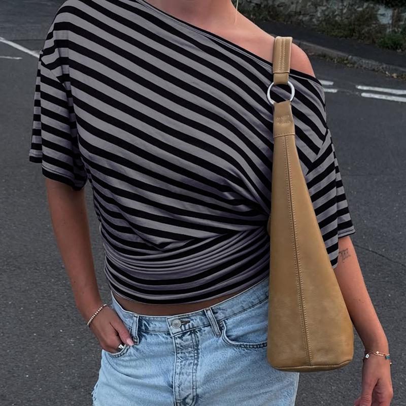 Women Summer Fashion Short Sleeve Asymmetrical One Shoulder Striped Asymmetric Hem T Shirt Tops Tee Casual Daily Tops Women Summer Fashion Short Sleeve Asymmetrical One Shoulder Striped Asymmetric Hem T Shirt Tops Tee Casual Daily Tops
