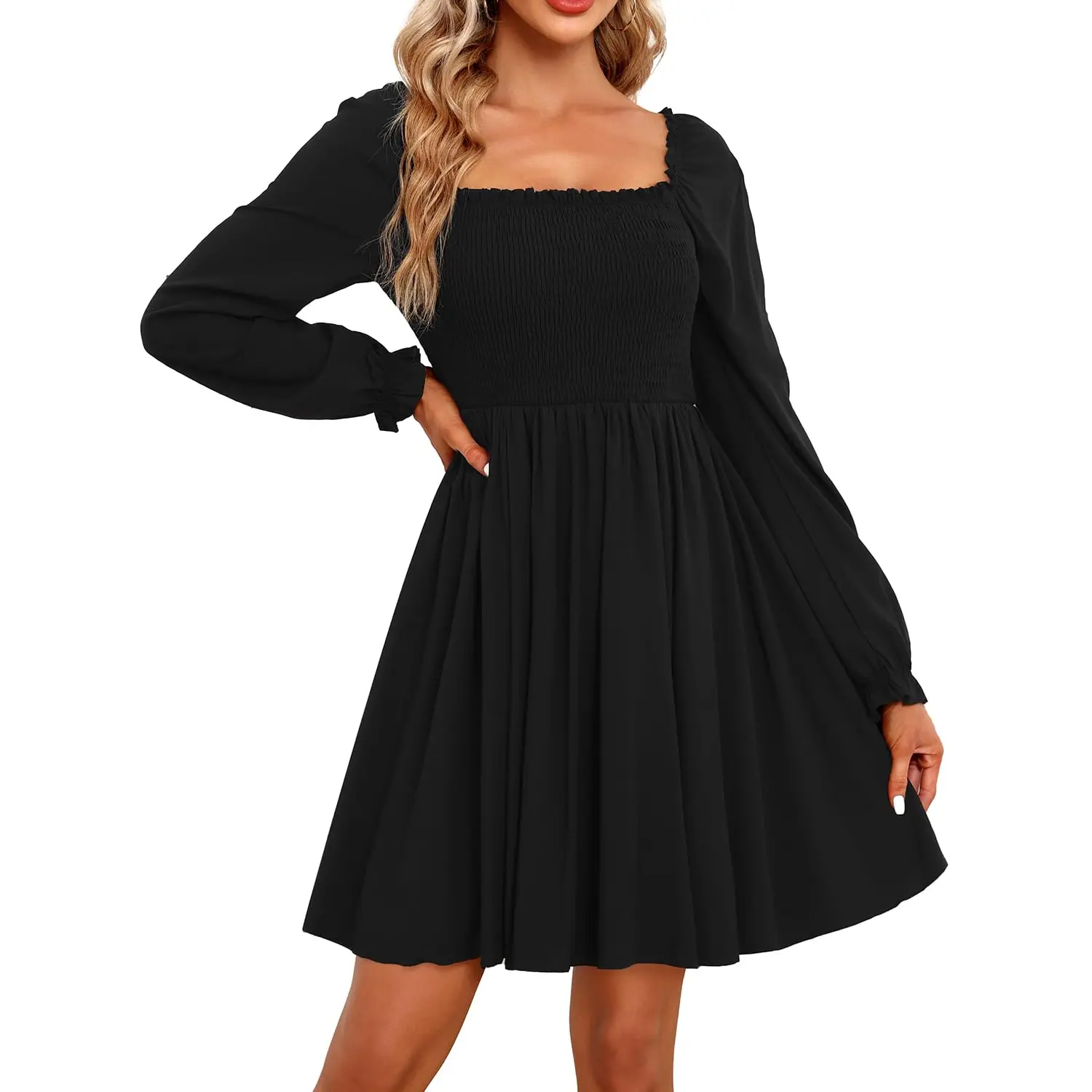 Holipick Plus Size Teen Casual Fall Wedding Guest Smocked Square Neck Dresses Long Sleeve Cute Flowy Short Dress 2026