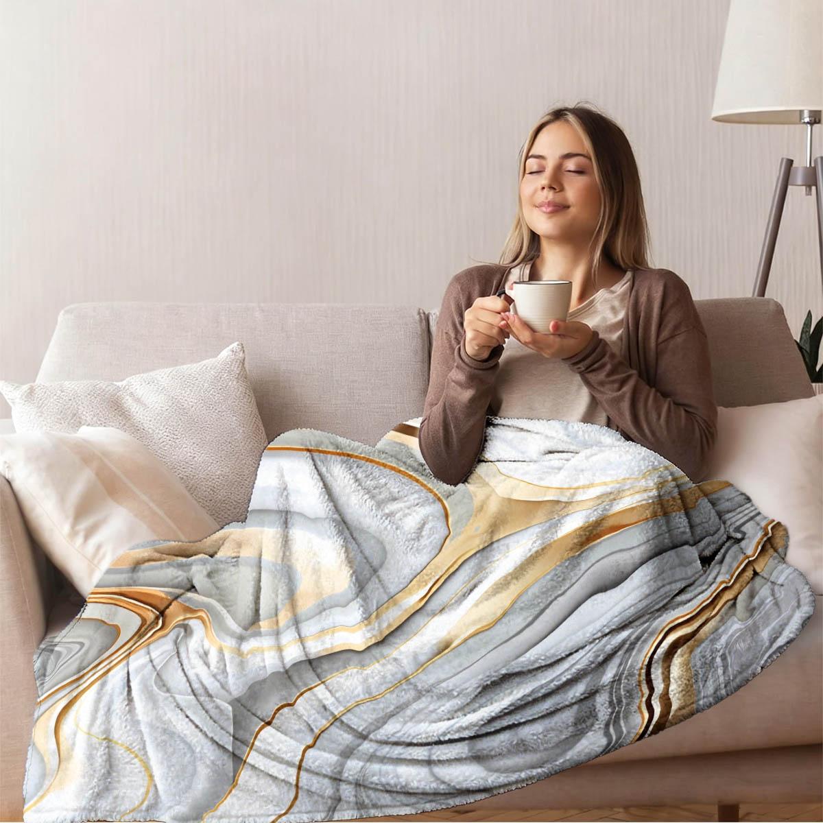 and Gold Marble Pattern Flannel Blanket, Soft and Cozy, Breathable and Warm, Sofa and Bedroom Decor, Gift for Holidays