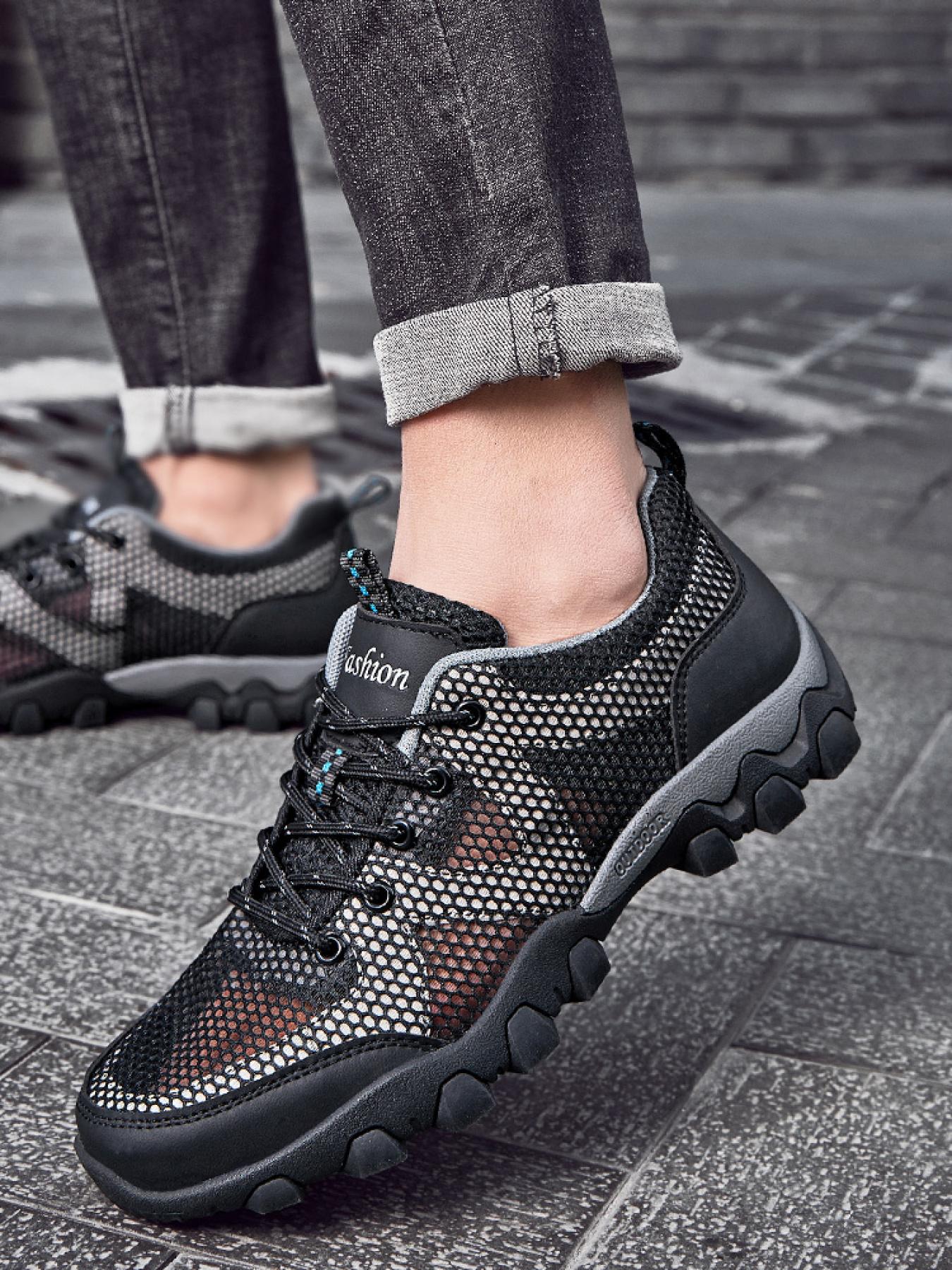 Men's Solid Color Mesh Breathable Outdoor Hiking Shoes Lace-up Closed-toe Trekking Shoes Non-slip Wear-resistant Casual Sneakers