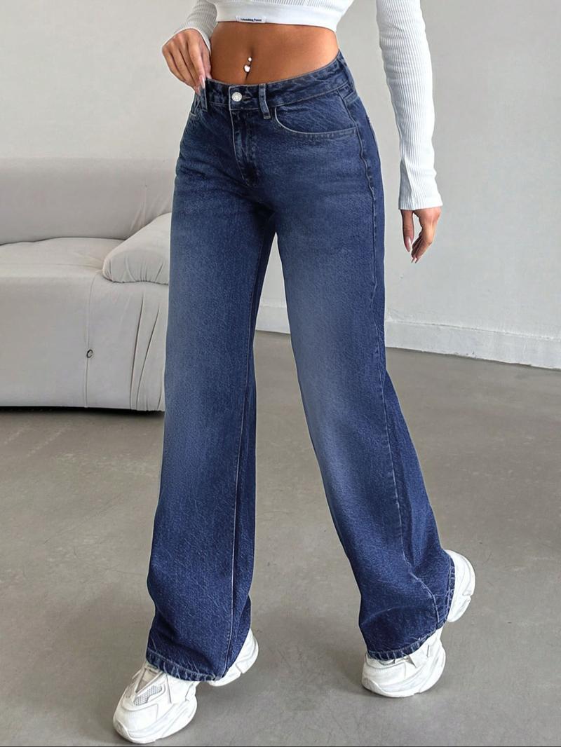 Women's Low Rise Nondistressed Jeans, Street Style Retro Loose Fit Straight Jeans, Fashion Washed Jeans for Daily Wear