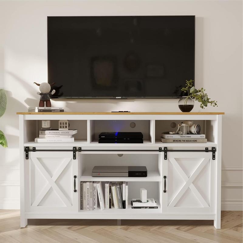 57/70/80.7in Wooden Farmhouse Entertainment Center for 90/85/80/75 inch TV,Double Layer Storage Farmhouse TV Stand,Double-Row Sockets with Wood Sliding Barn Door TV Stand (Brown/grey/white/Rustic Brown)