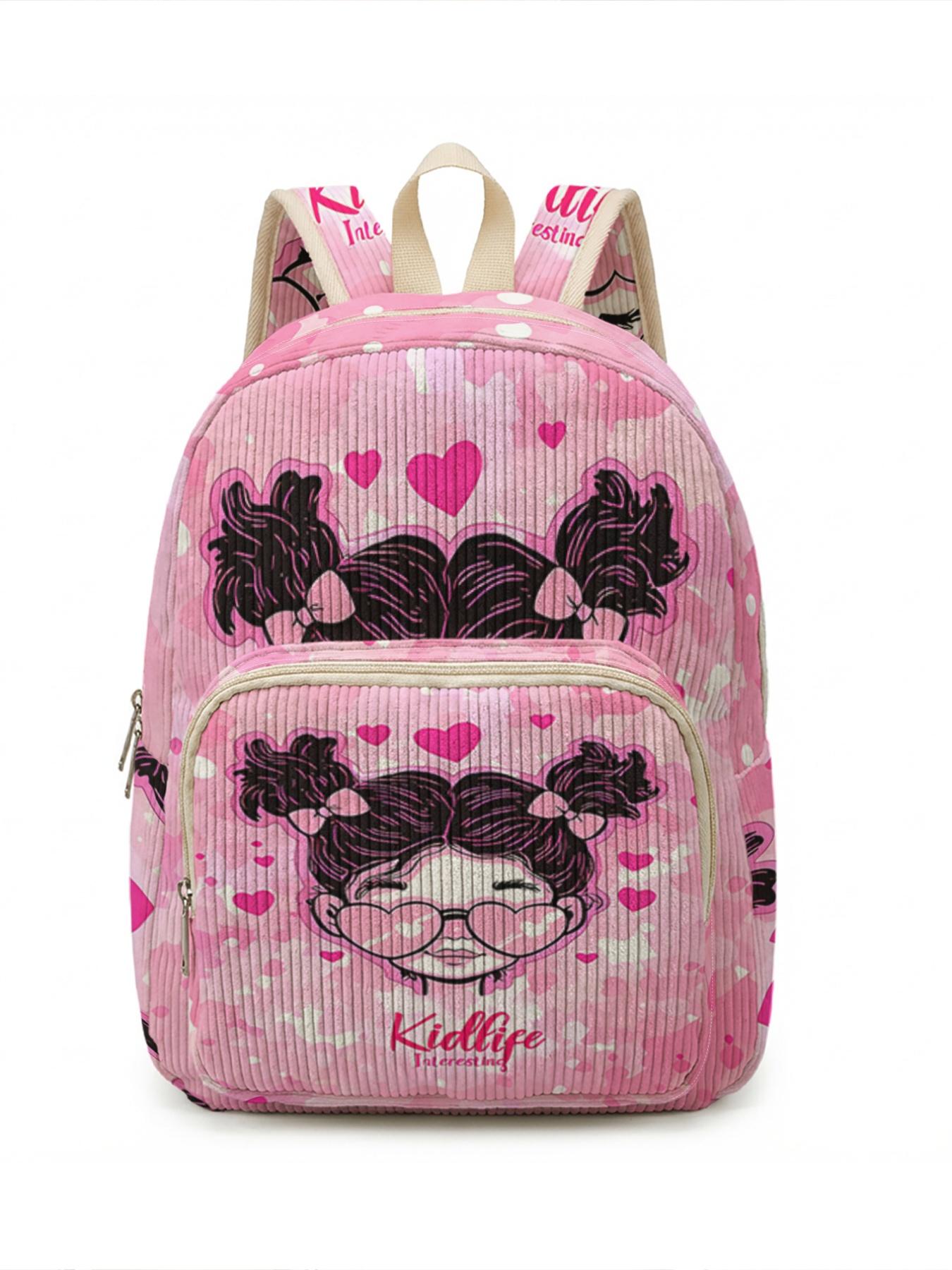 1 piece of character portrait 'Fun Kidlife' 2D printed lady's backpack, corduroy texture + layered storage + light weight reduction | perfect for students to go to class/shopping/short trips | combination of atmosphere and practicality