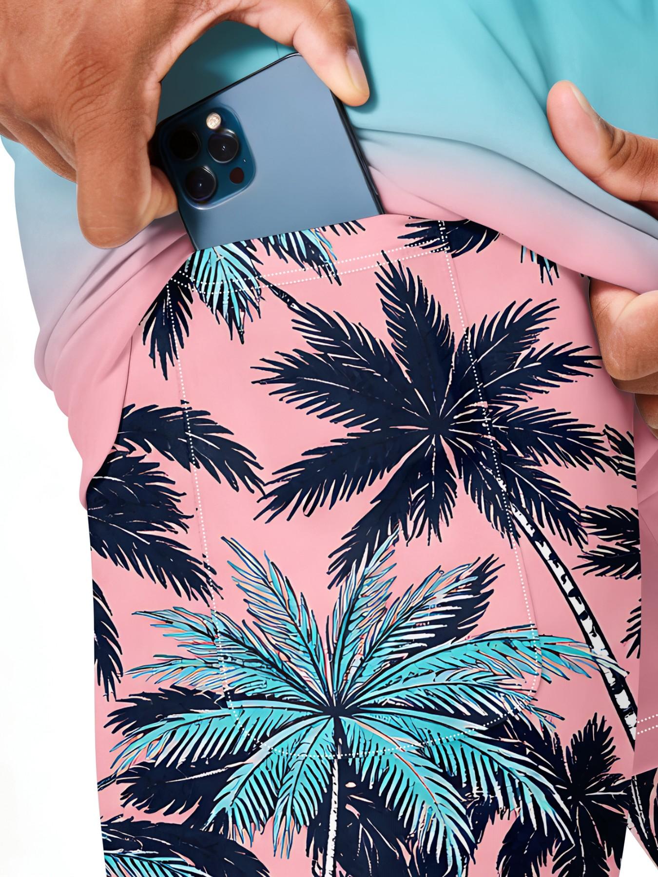 Men's Double-Layered Beach Shorts, Blue Gradient Coconut Tree Print, Quick-Dry Drawstring Waist, Summer Surfing Casual Shorts, Beach Swim Trunks
