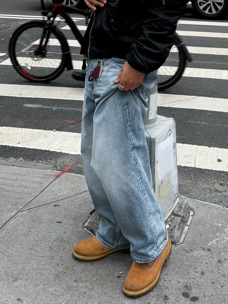 Men's New Fashion Regular Fit Jeans, Casual All-Season Washed Denim Long Pants, Classic Style, Zipper Fly, Plain Pattern