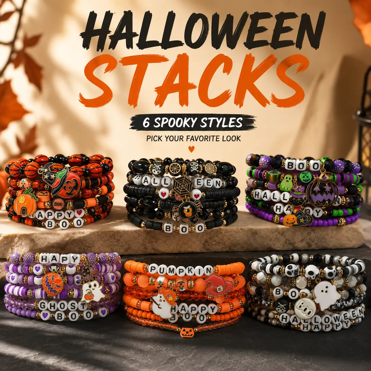 Multilayer Halloween Bracelets Set, 6Pcs/36Pcs Handmade Elastic Polymer Clay Beaded Bracelets Charm Pumpkin Cute Ghost Spider Black Cat Pendants Beaded Bracelet Holiday Costume Jewelry Party Supplies Gift