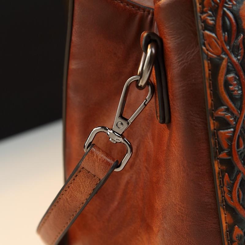 Vintage Tannery Craft Embossed Handbag, Traditional Floral Pressed Large Capacity Commuter Bag, Mom Style Shoulder Crossbody Bag