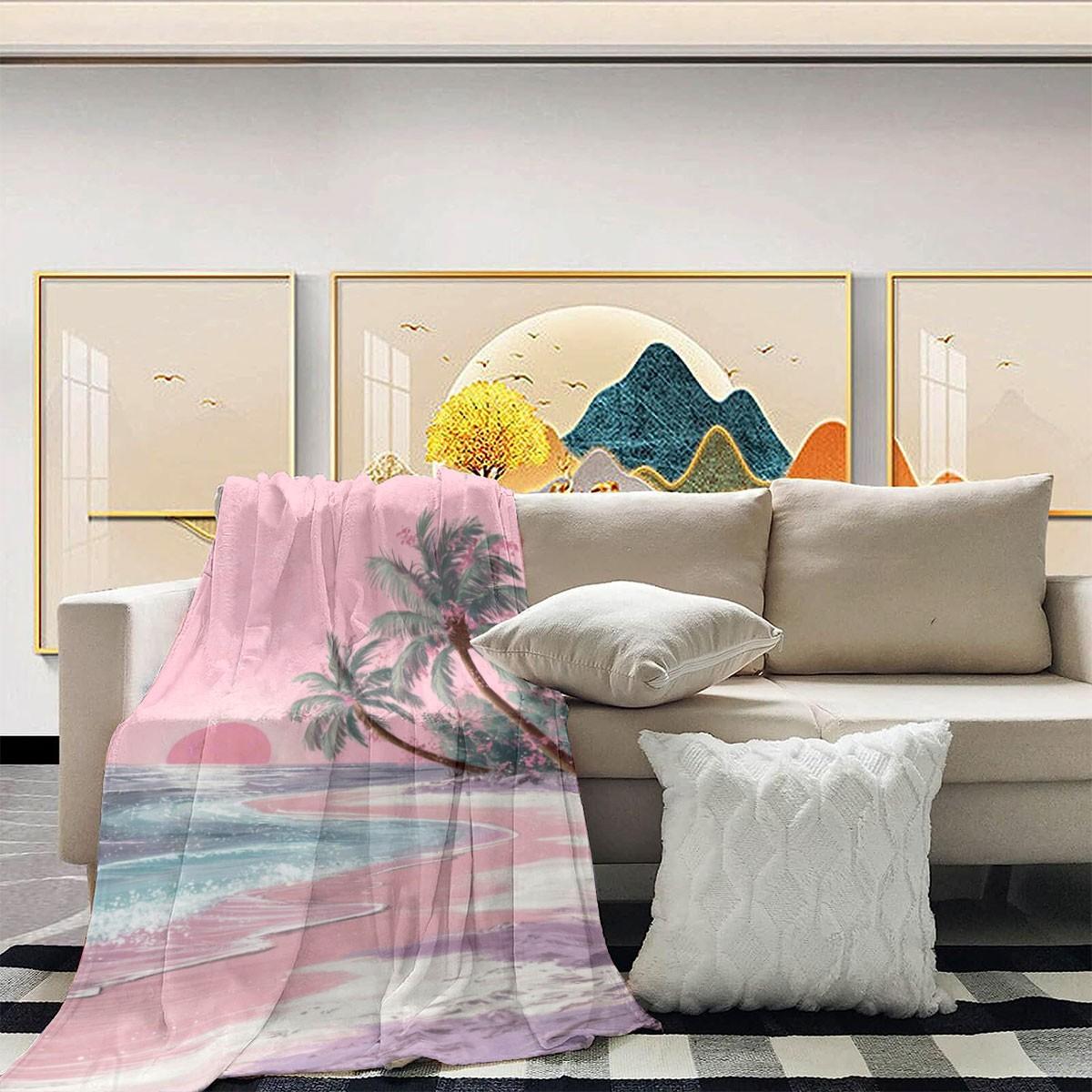 Comfortable Flannel Blanket, Beach Theme Coconut Grove Sunset Pattern, Digital Print, Ideal for Living Room and Camping