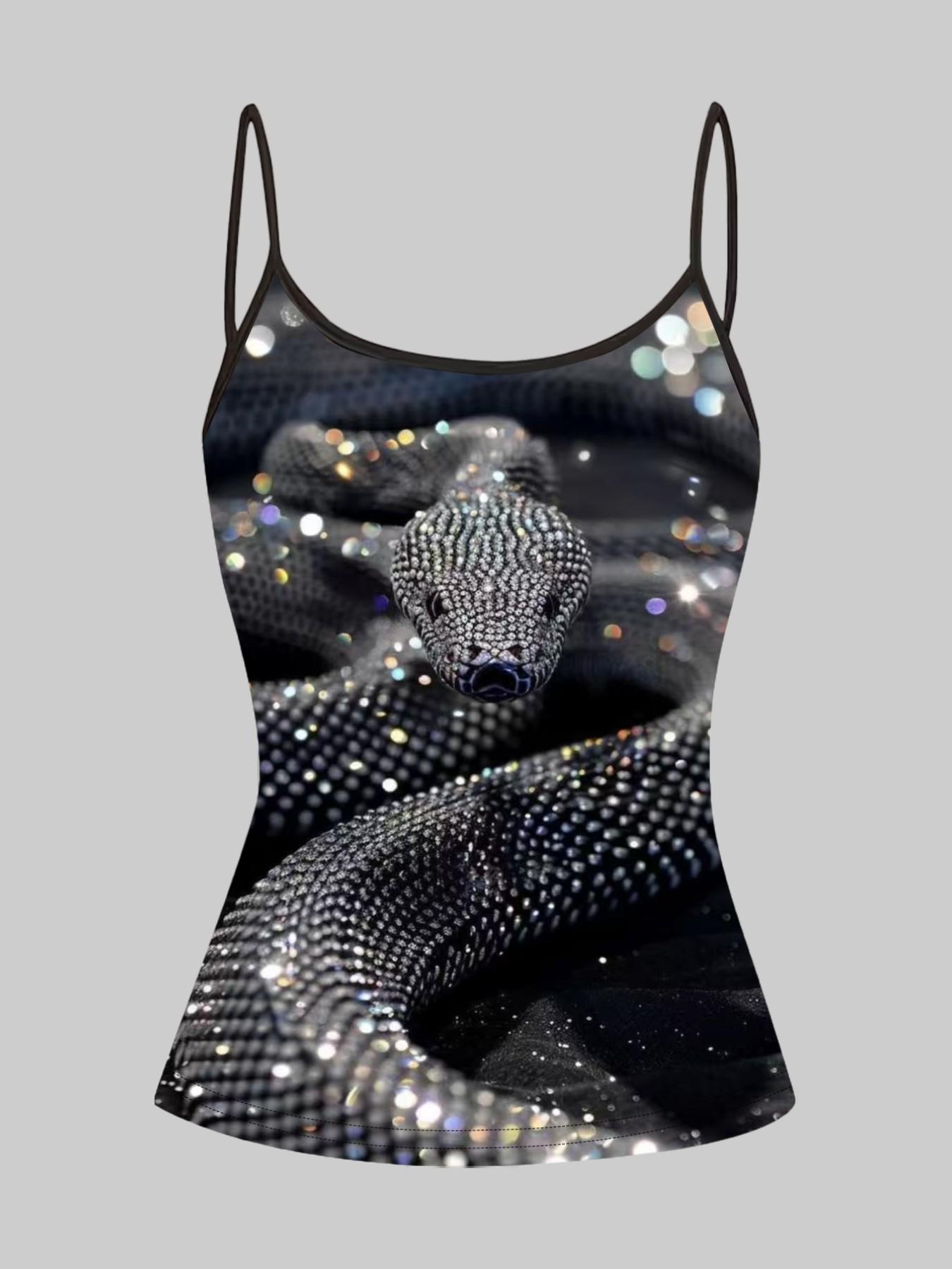 Colorful Snake Print Strappy Top, Summer Home Wear, Casual Slim-Fitting Outerwear, Unique Bodycon Shirt, Four-Piece Set