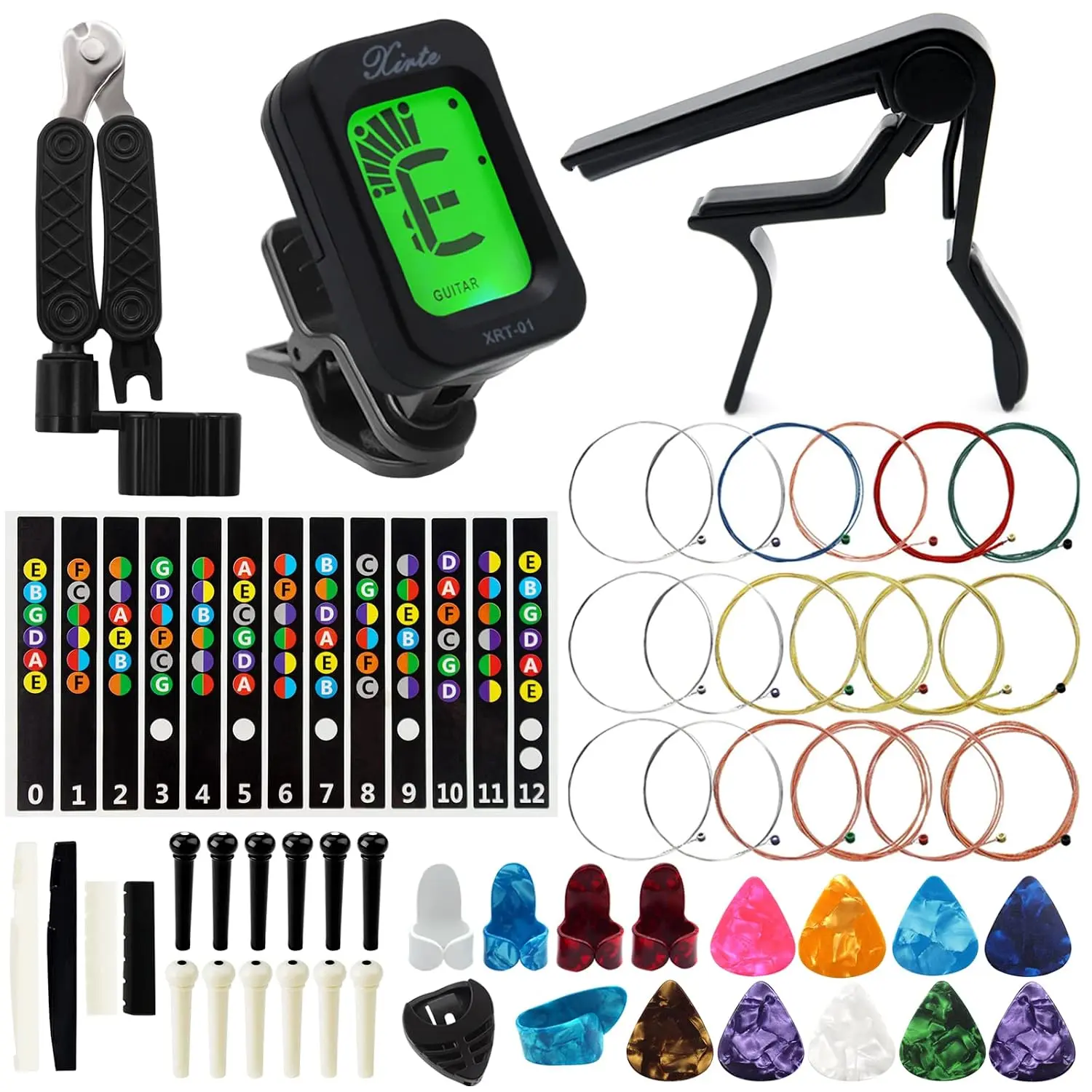 Acoustic Guitar Accessories Kit - Including Guitar Strings, Tuner, Capo, Restring Tool, Pick Holder, Bridge Pins, Guitar Nuts and Saddles, Finger Picks (53 Pcs)