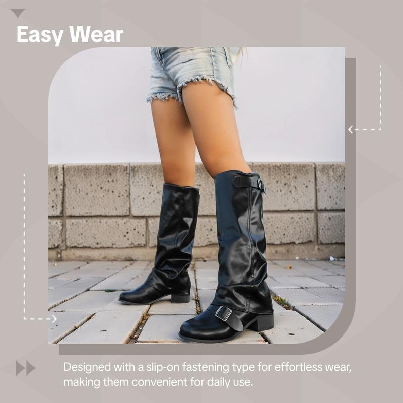 Women's Fashion PU Leather Low Heel Long Boots, Casual Wrinkle Leg Motorcycle Boots, Western Style Biker Boots for Ladies