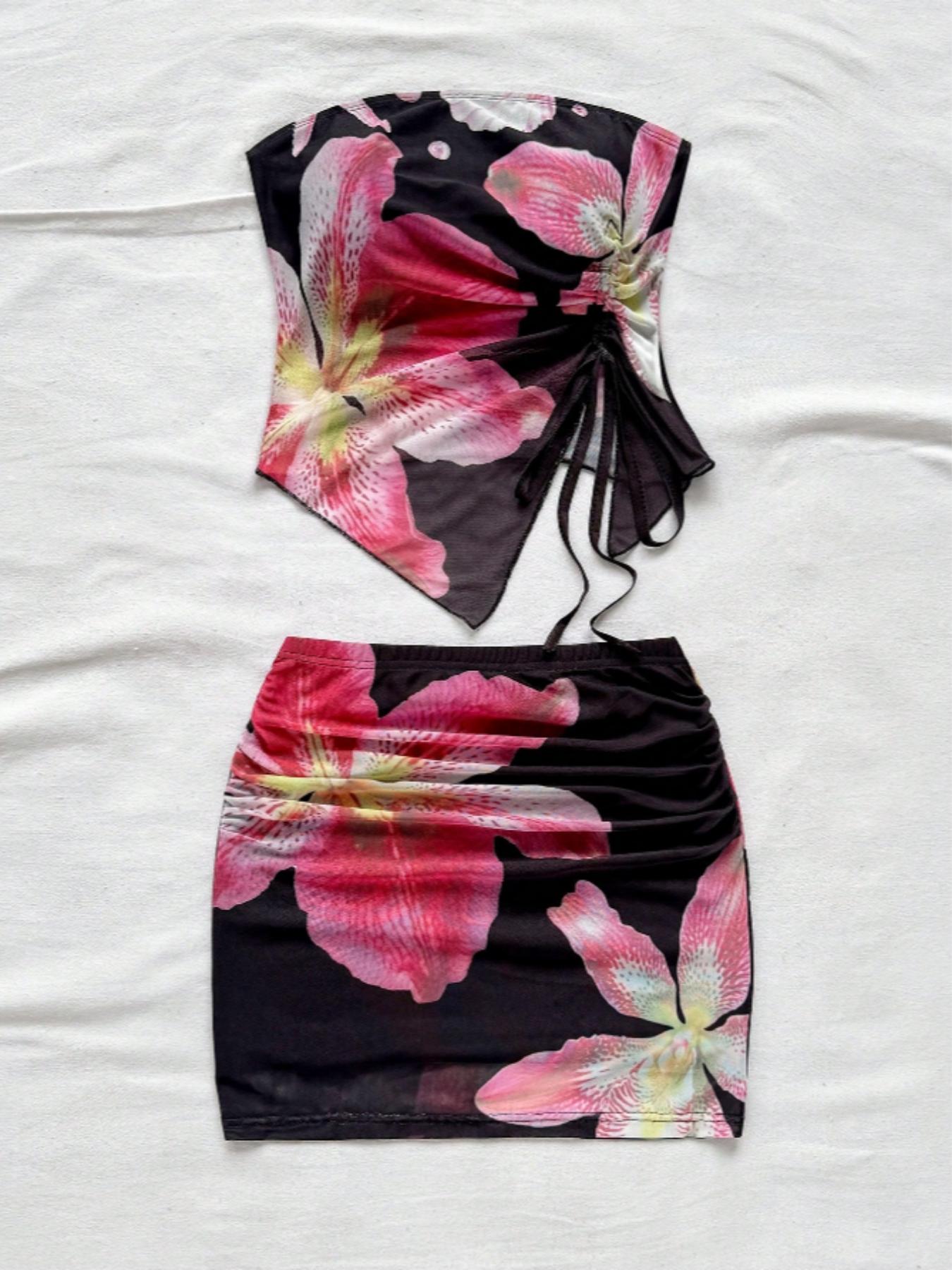 Romantic Floral Print Bandeau Eyelet Mesh Backless Top, Adjustable Drawstring Design, Sleeveless & Strapless Style, Perfect for Summer, Fashion