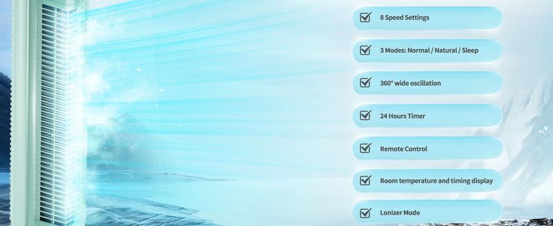 Antarctic Star Tower Fan 360°Oscillating Fan Quiet Cooling 24H Timer Remote Control Powerful Standing 8 Wind Speed 3 Wind Modes Ionizer Mode Bladeless Portable LED Display,Bedroom Office 47-Inch Green