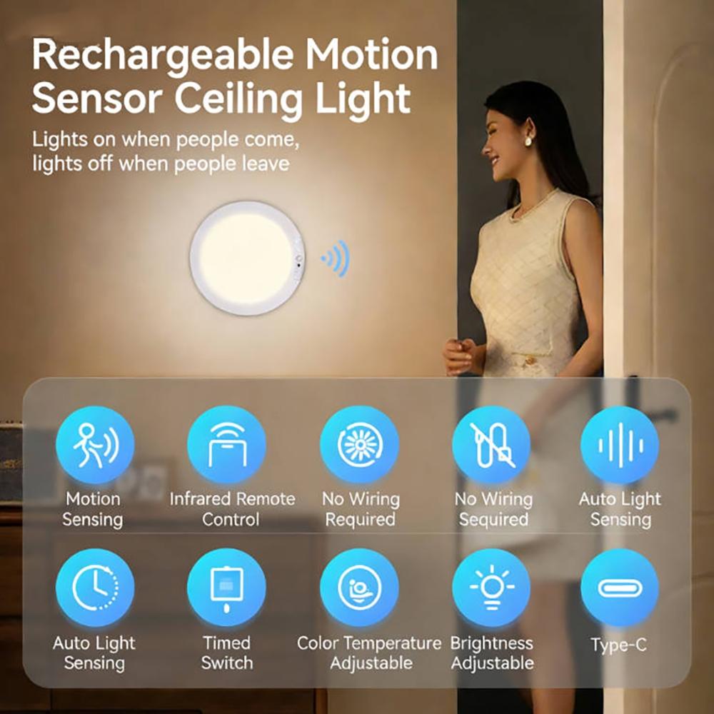 1/2 piece motion sensor light, ABS infinite dimming sensor light with remote control circular light, USB rechargeable, adjustable brightness, suitable for small night lights in bathrooms, storage cabinets, stairs, corridors, and office spaces