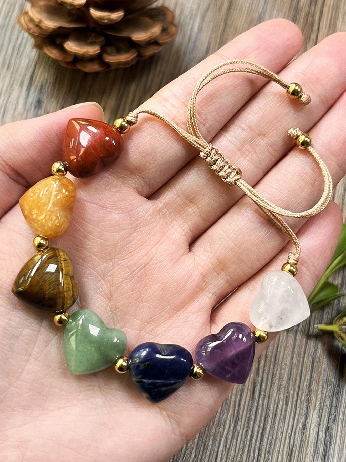 Bohemian Casual Seven-Color Heart Stone Beaded Adjustable Bracelet, Vintage Unisex Yoga Bracelet for Daily Wear
