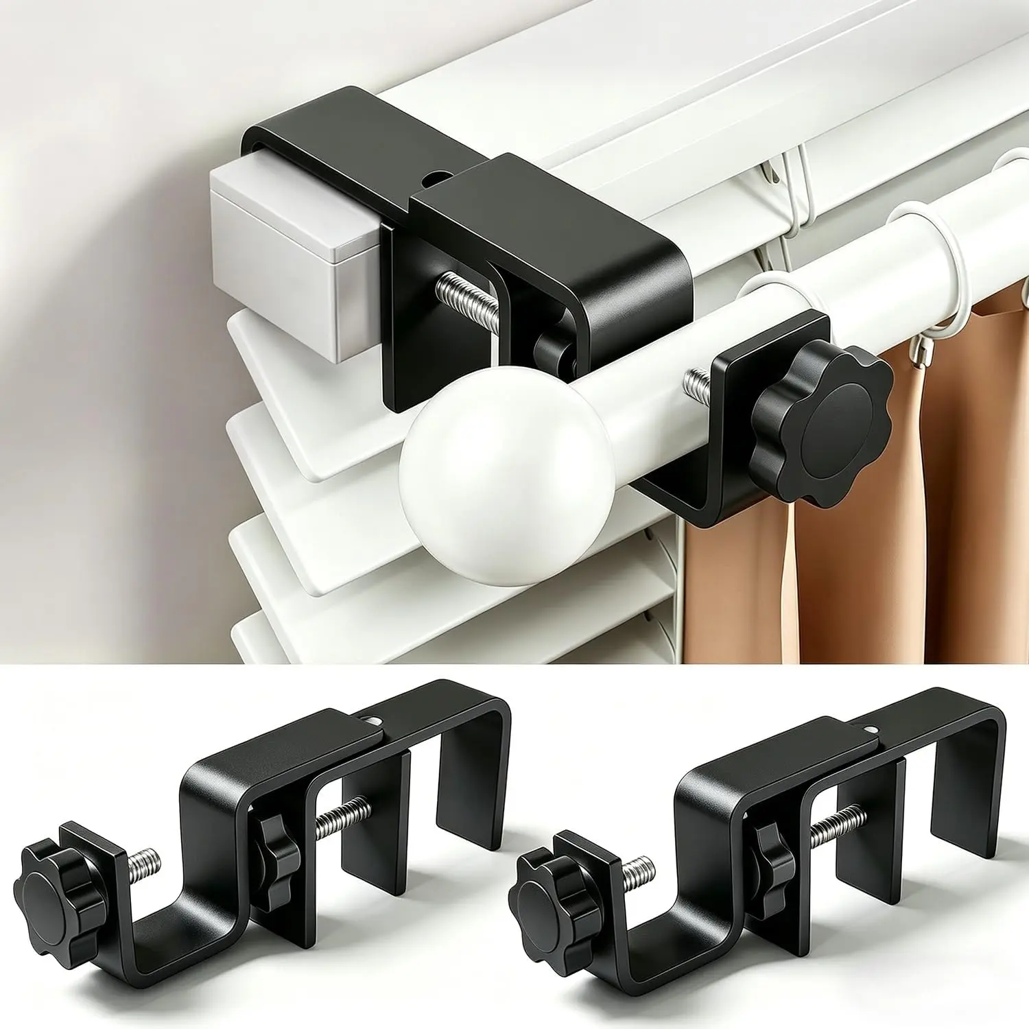 Iron 2-Pack No-Drill Curtain Rod Brackets, Outside-Mount Window Hardware, Tool-Free Install for 1.2"-2" Rectangular Headrails, Integrated Thumb Screw, Renter-Friendly Solid Holders for Rentals & Homes