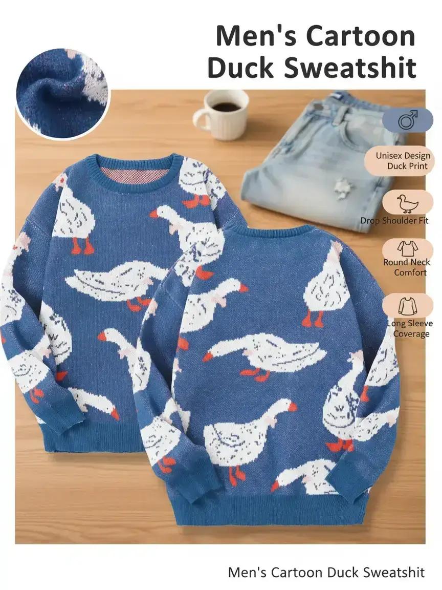 Unisex Men's Cartoon Duck Print Drop Shoulder Sweater, Fashion Round Neck Long Sleeve Jumper, Men Clothing for Daily Wear, Knitwear