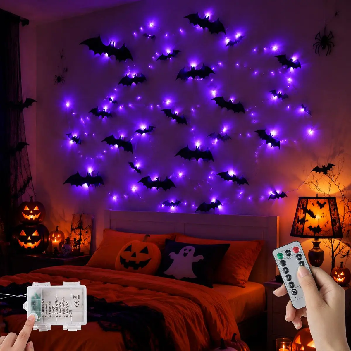 28Pcs /Set with Remote Control 3D Bat Shape Spooky String Light for Home Party Festival Halloween Easy Install Wall Stickers Smooth Application  Decorative (Batteries Not Included)