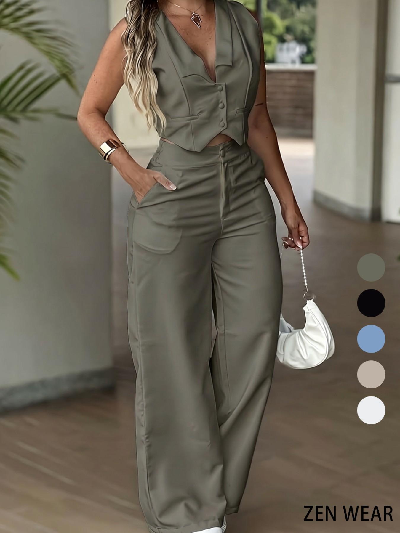 New Women's Pants Set, Sleeveless Waist Cinching Vest Set, Wide Leg Pants, Elegant Office Lady Commuter Two-Piece Suit New Women's Pants Set, Sleeveless Waist Cinching Vest Set, Wide Leg Pants, Elegant Office Lady Commuter Two-Piece Suit