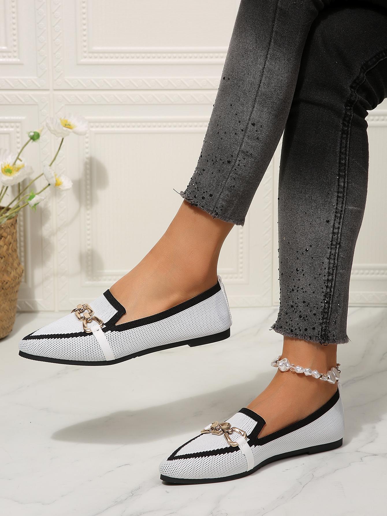 1 Pair Women's  Colorblock Knit Pointed Toe Metal Buckle Flat Loafers, Minimalist Commute Style Breathable Slip-On Shoes, Versatile Elegant Comfortable Professional Footwear for Office Work