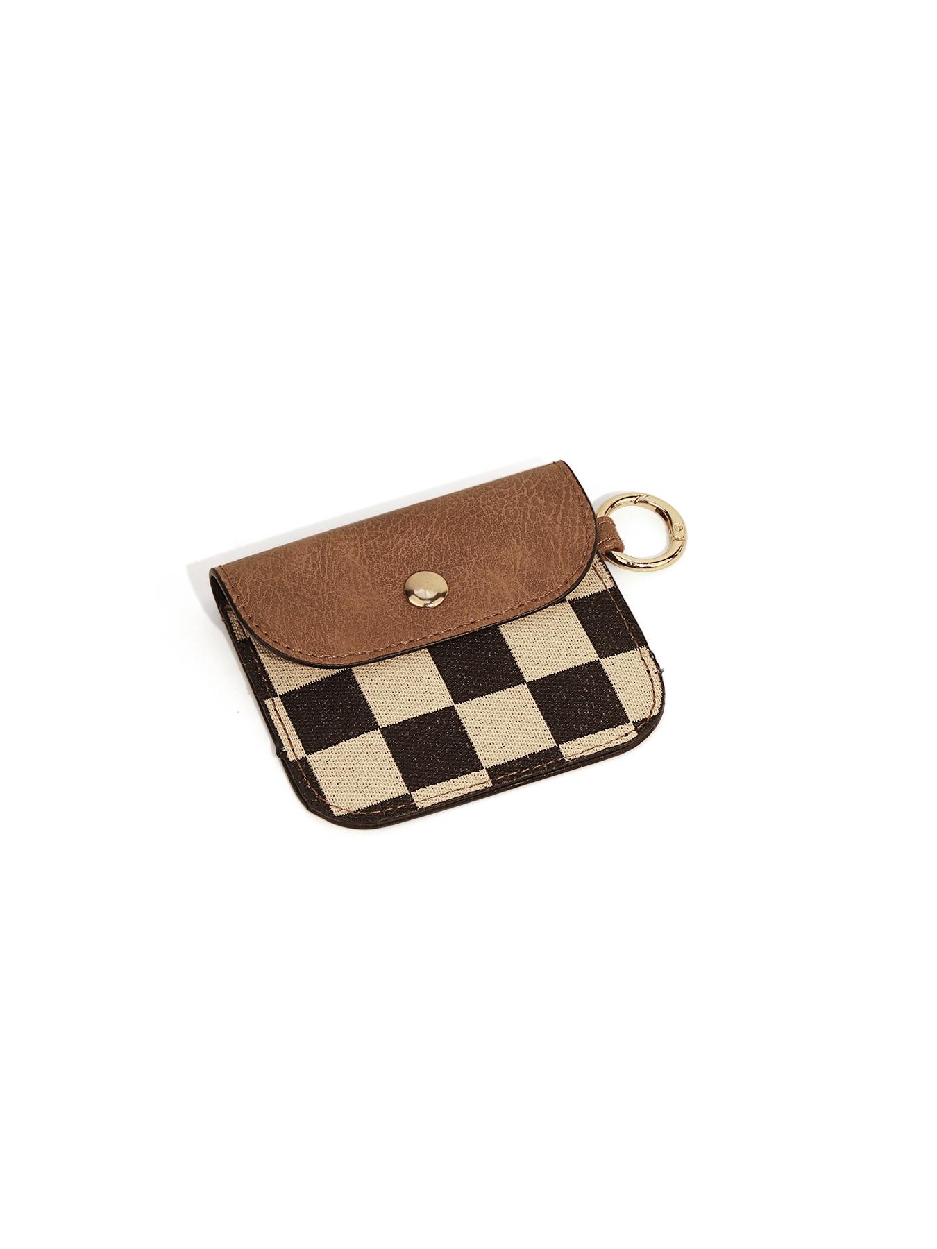 Checkered Small Coin Purse , Mini Earbud Case with Carabiner, Portable Earphone Case Headphone Protective Storage Pouch Bag, Earbud Holder