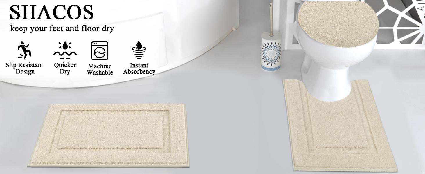 Light Beige Microfiber Bath Rugs Set of 3 - Non-Slip, Washable, Absorbent - 16"x24" Mat, 20"x24" U-Shape Rug, 19"x21" Lid Cover - Ideal for Bathrooms, Shower, Laundry, Everyday Use, Great Gift, Machine-Washable, Water Absorbent