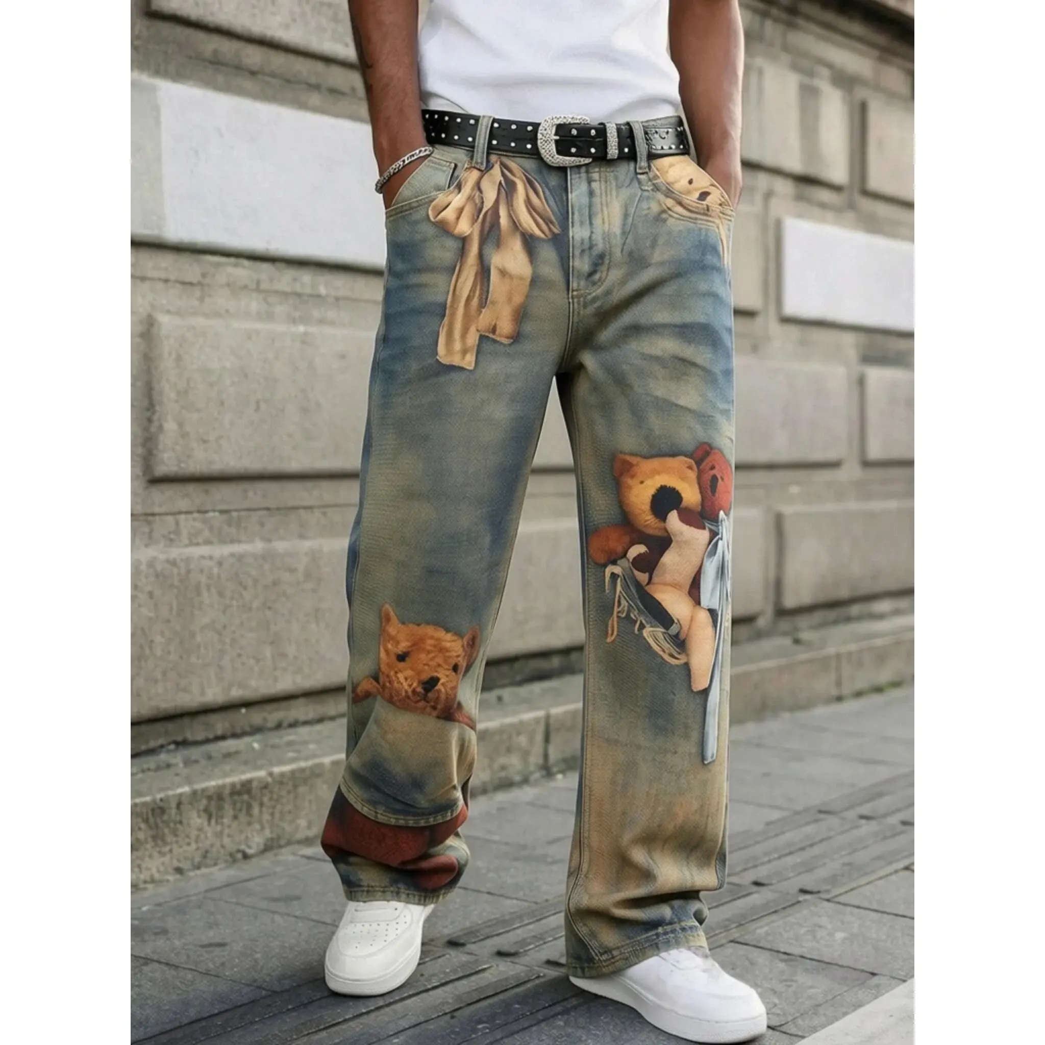 Men's High Cotton Teddy Bear Print Distressed Baggy Jeans, Vintage Washed Streetwear Denim Pants, Y2K Grunge Loose Fit Wide Leg Jeans with Cartoon Print
