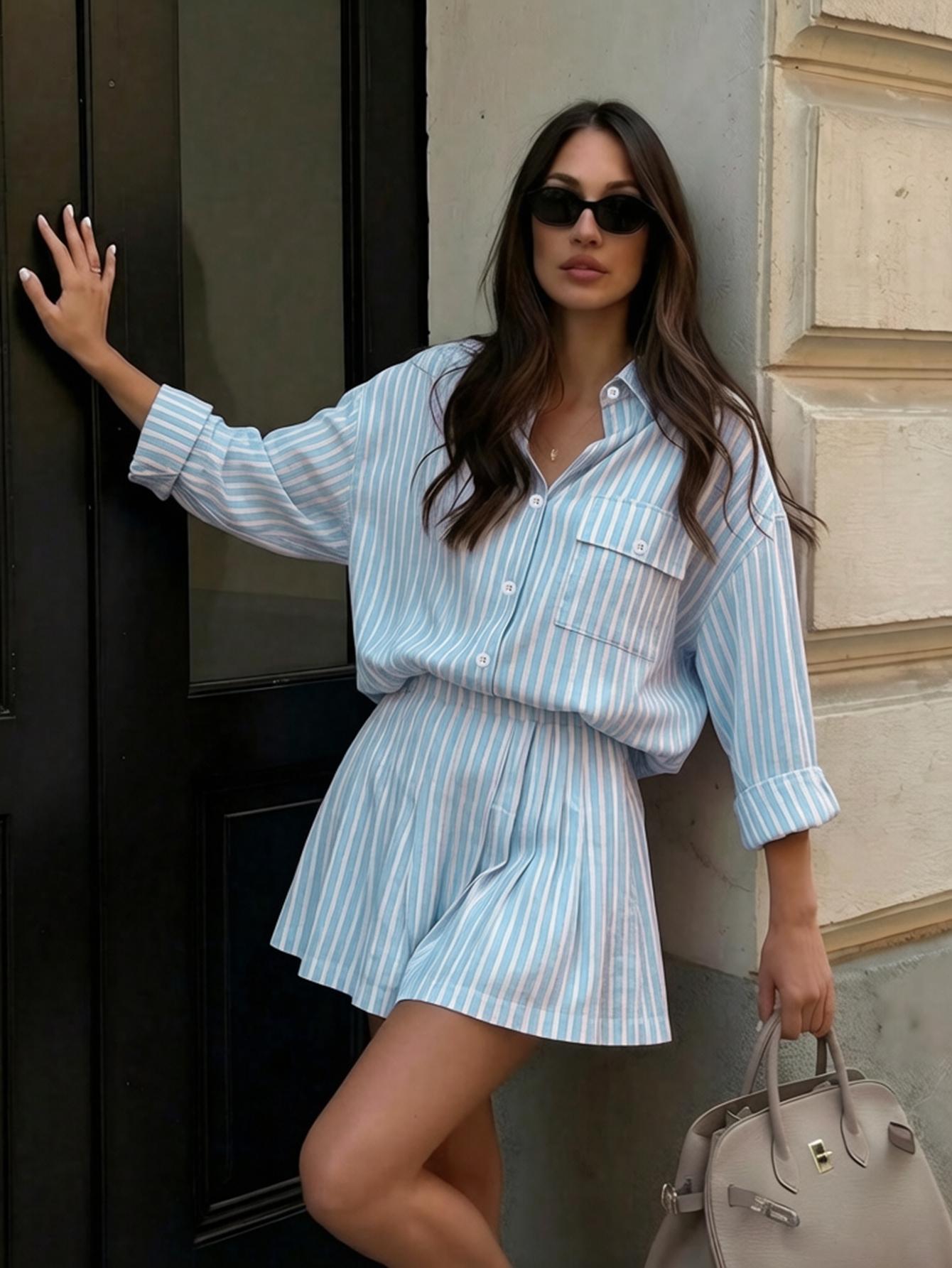Women's Summer Comfortable Chic Striped Pocket Button-Front Shirt and Shorts Set for Daily Wear Fashion Style Sets