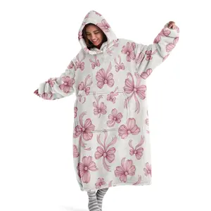 hoodie blanket，Wearable Blanket，Women's Cozy Hooded Blanket Sweatshirt, Wearable Blanket Robe, Fashion Sleepwear, Bow Print Thick Home Clothes，Christmas Gift,Valentine's Day gift